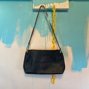 Nanette Lepore Black Leather Crossbody Bag with Gingham Lining Gold Tone Handbag